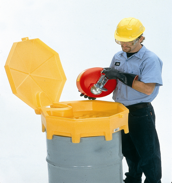 499, POLY DRUM FUNNEL W/ HINGED LID, 26.5" DIAMETER, YELLOW, 1/CS